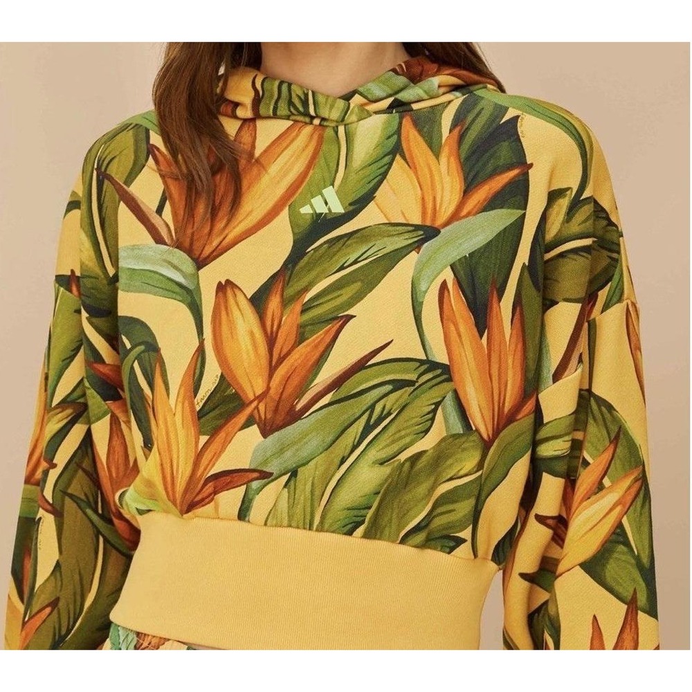 Farm Rio X Adidas Hoodie Crop Top Womens XS Yellow Birds Of Paradise Y2K Peppy